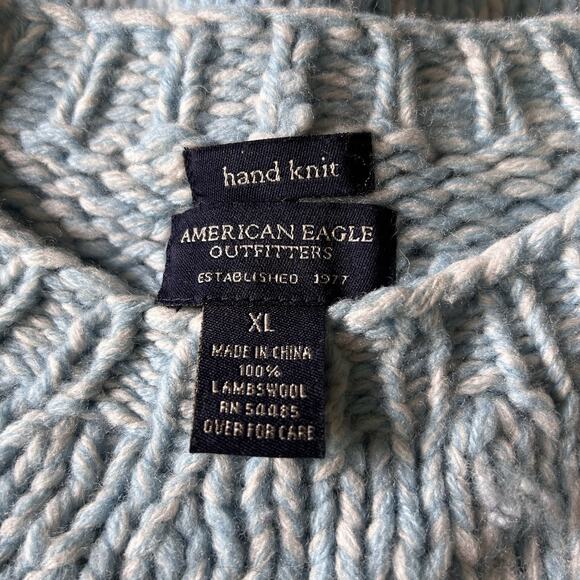 American Eagle Women’s Blue & White Fair Isle Handknit 100% Lambswool Sweater M - Picture 10 of 12